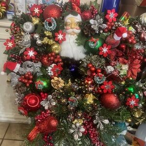 Santa's Festive Holiday Wreath with Red and Silver Accents